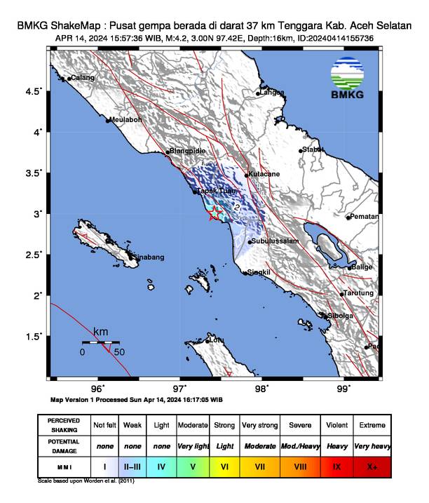 Gempa Terkini M 4,2 Getarkan Aceh Selatan, Berpusat di Darat